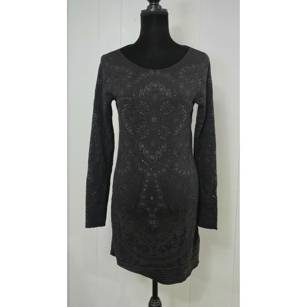Black Paisley Embroidered Sequin Long Sleeve Mini Dress Scoop Neck Charcoal